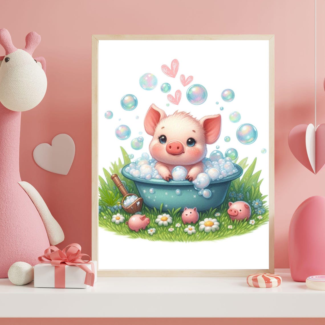 Cute Piglet in a Bubble Bath Tub With Bubbles Kids Room Poster