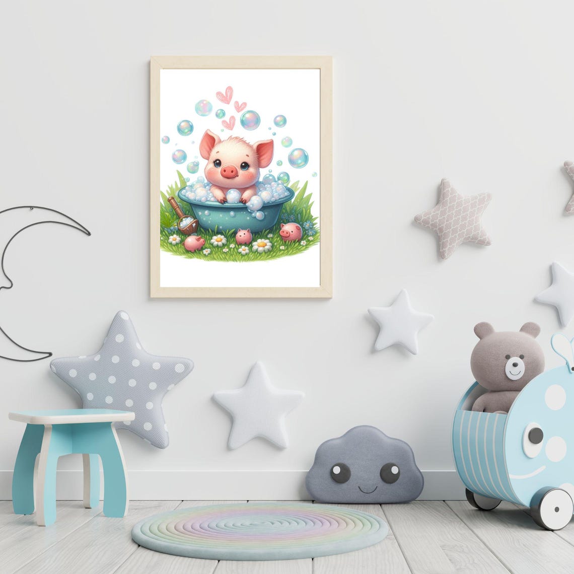 Cute Piglet in a Bubble Bath Tub With Bubbles Kids Room Poster - Image 2