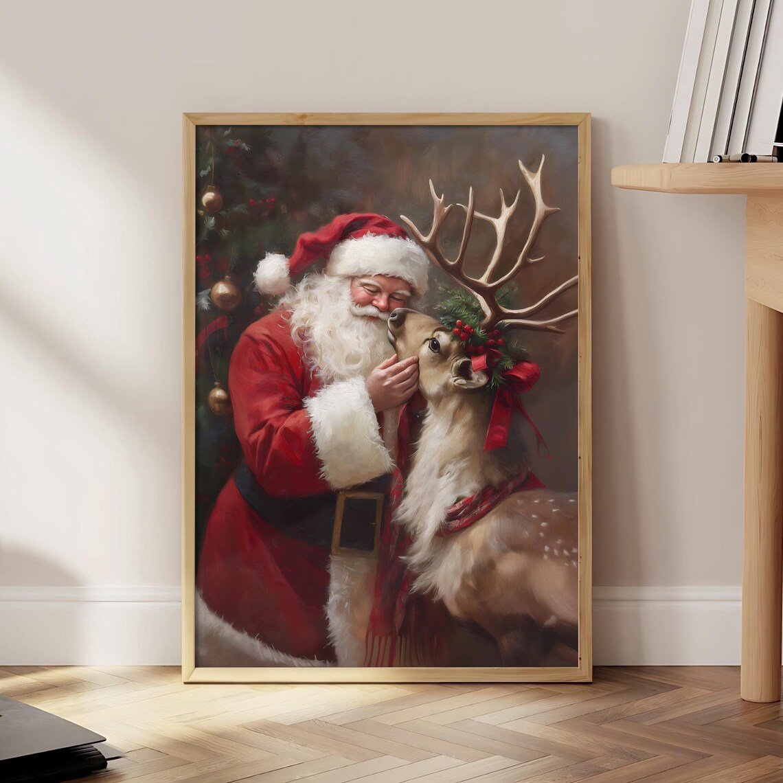 Santa And Reindeer Christmas Vintage Holiday Poster