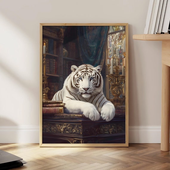 White Tiger In Library Poster Wall Art Maximalist Decor Trendy Print Vibrant Prints File