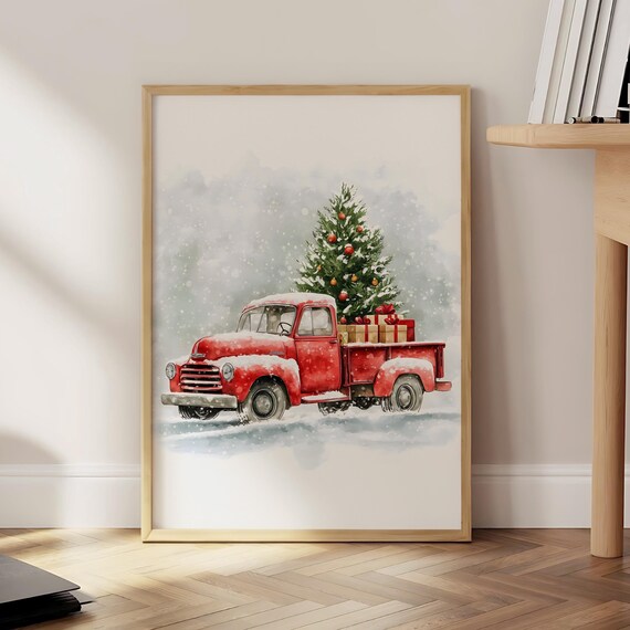 Vintage Red Pickup Truck Christmas Tree Snow Watercolor Poster