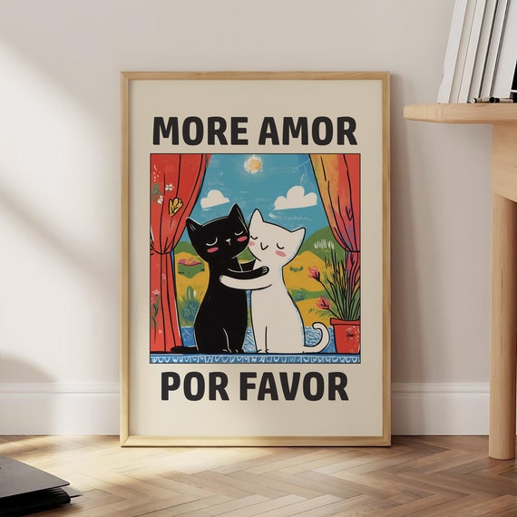 Cat Love Poster More Amor Por Favor Print Minimalist Cats Wall Art Retro Funny Cute Optional Frame