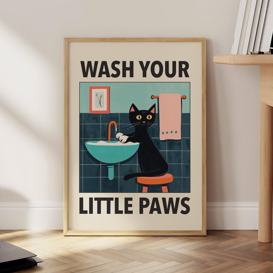 Wash Your Little Paws Black Cat Retro Bathroom Funny Art Poster