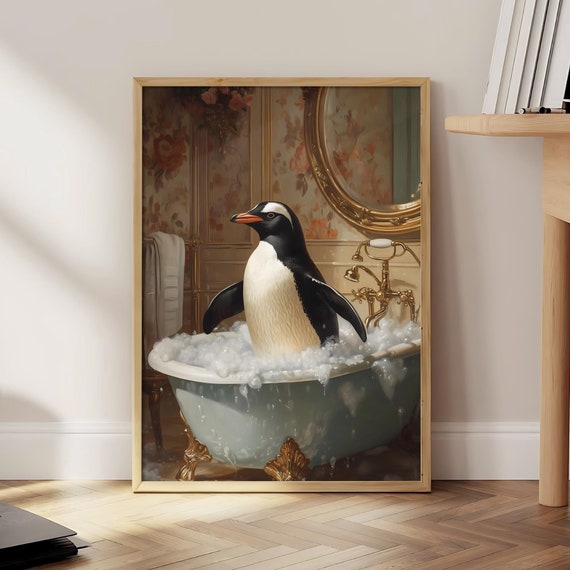 Penguin In Bathtub Bathroom Poster Funny Wall Art Print Bubble Bath File