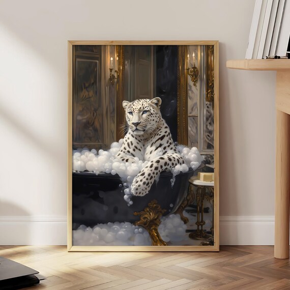 White Tiger In Bathtub Print Bathroom Poster Luxury Wall Art Pink Prints Animal File