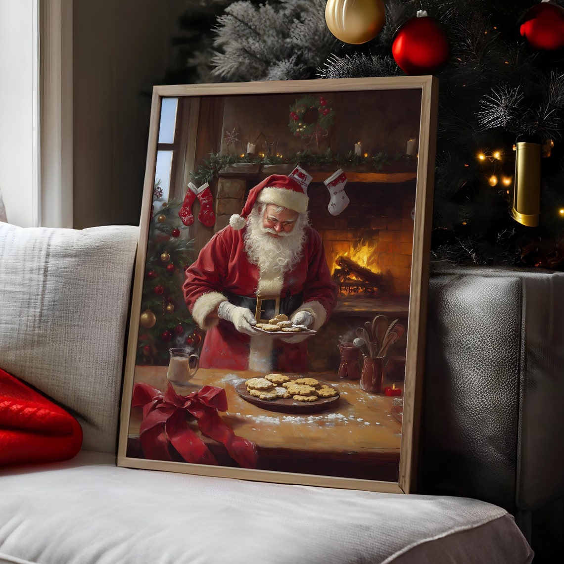 Santa Claus Baking Cookies by Fireplace Vintage Christmas Poster