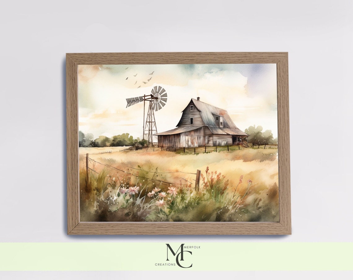 Rustic Windmill Beside a Weathered Wooden Barn Watercolor Art Poster - Image 3
