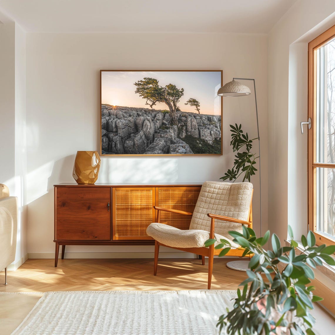 Windswept Trees on Ancient Limestone Pavement Golden Sunset Poster - Image 5