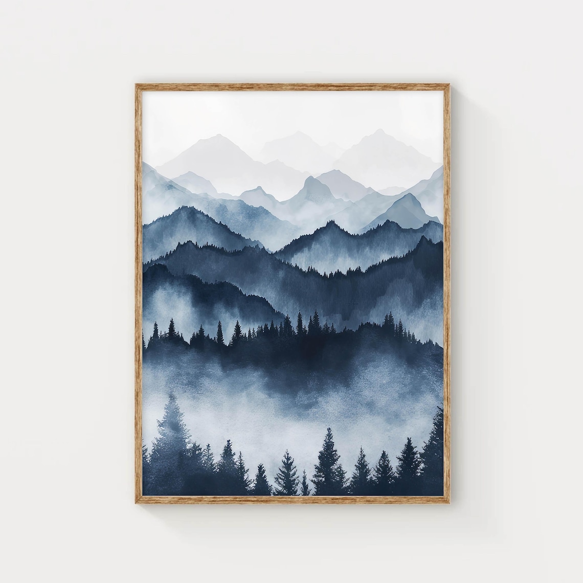 Navy Blue Layered Mountain Watercolor Misty Peaks Modern Wall Poster
