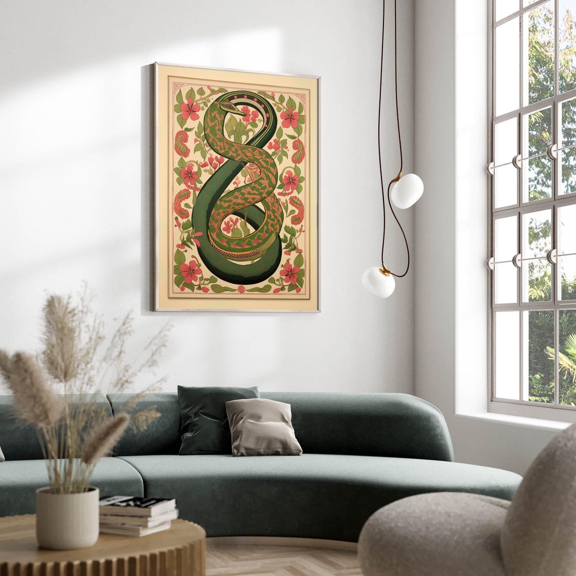 Vintage Snake Botanical Illustration with Red Flowers Poster - Image 2