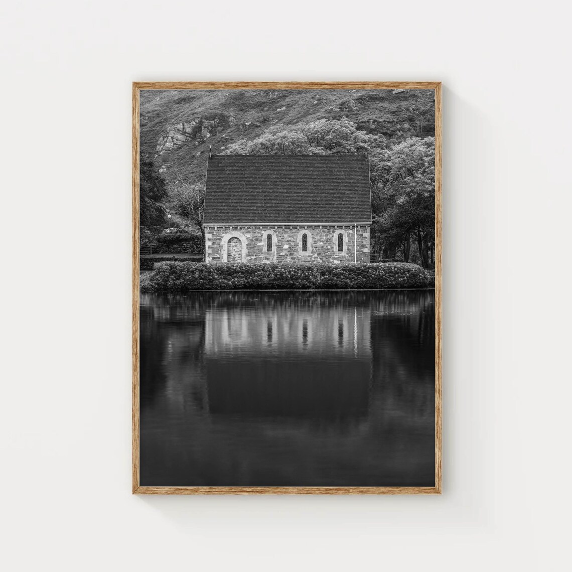 Old Stone Church Reflected in Still Lake Black White Photo Poster