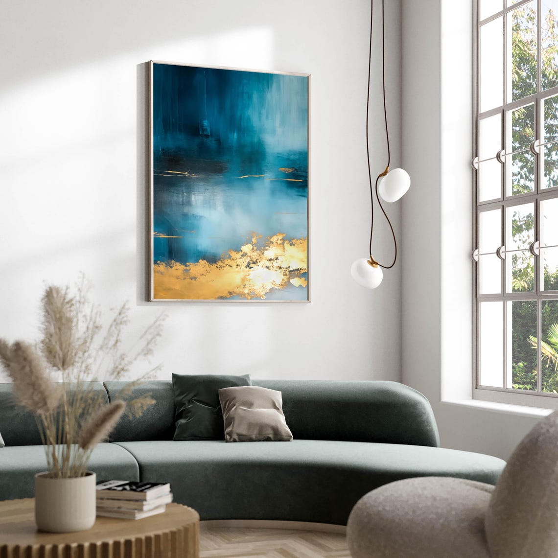 Teal Blue Abstract Ocean Artwork with Gold Leaf Accents Poster - Image 2