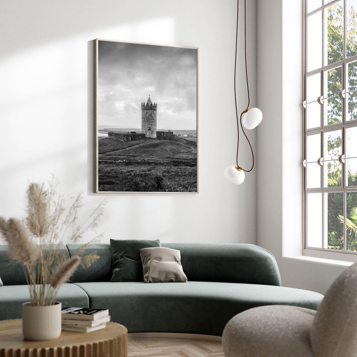 Medieval Stone Castle on Green Hillside Black White Photo Poster - Image 2