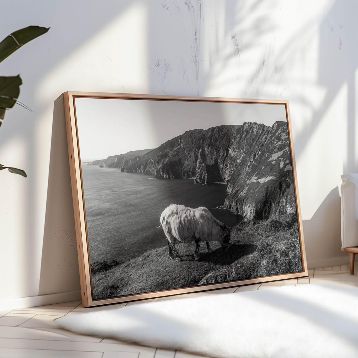 Sheep Grazing on Cliff Edge Above Sea Black White Photo Poster - Image 3