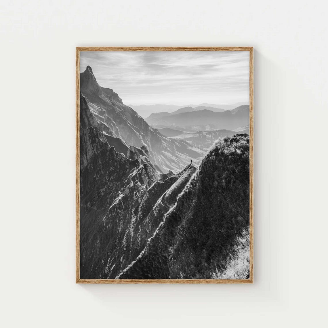 Black and White Swiss Alps Mountain Ridge Hiker Silhouette Poster