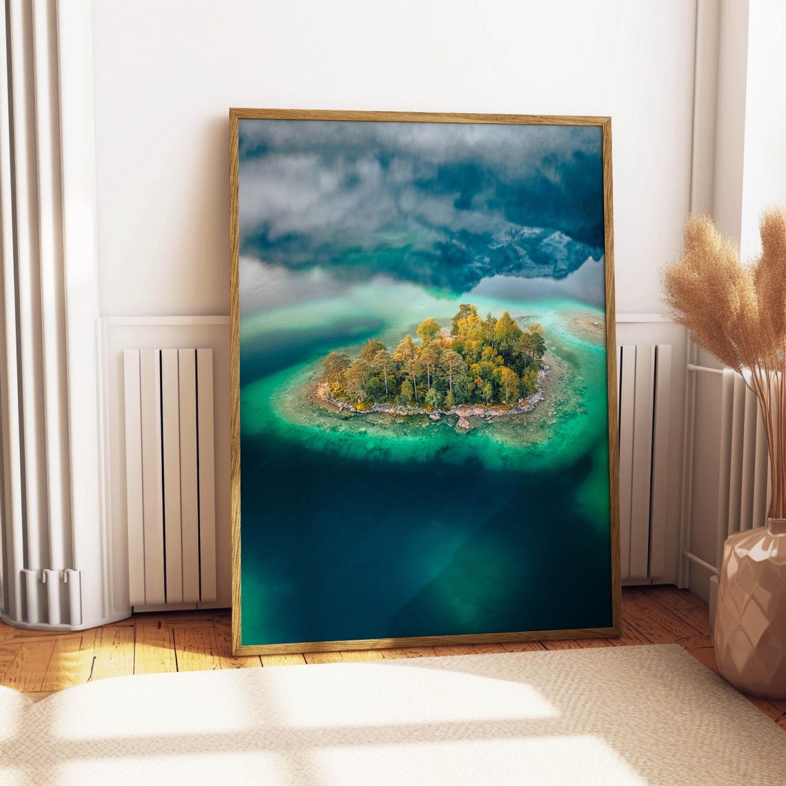 Aerial View of Tiny Forest Island in Turquoise Alpine Lake Poster - Image 4