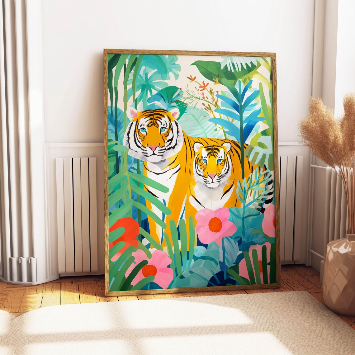 Two Tigers in Colorful Tropical Foliage Jungle Wildlife Art Poster - Image 4