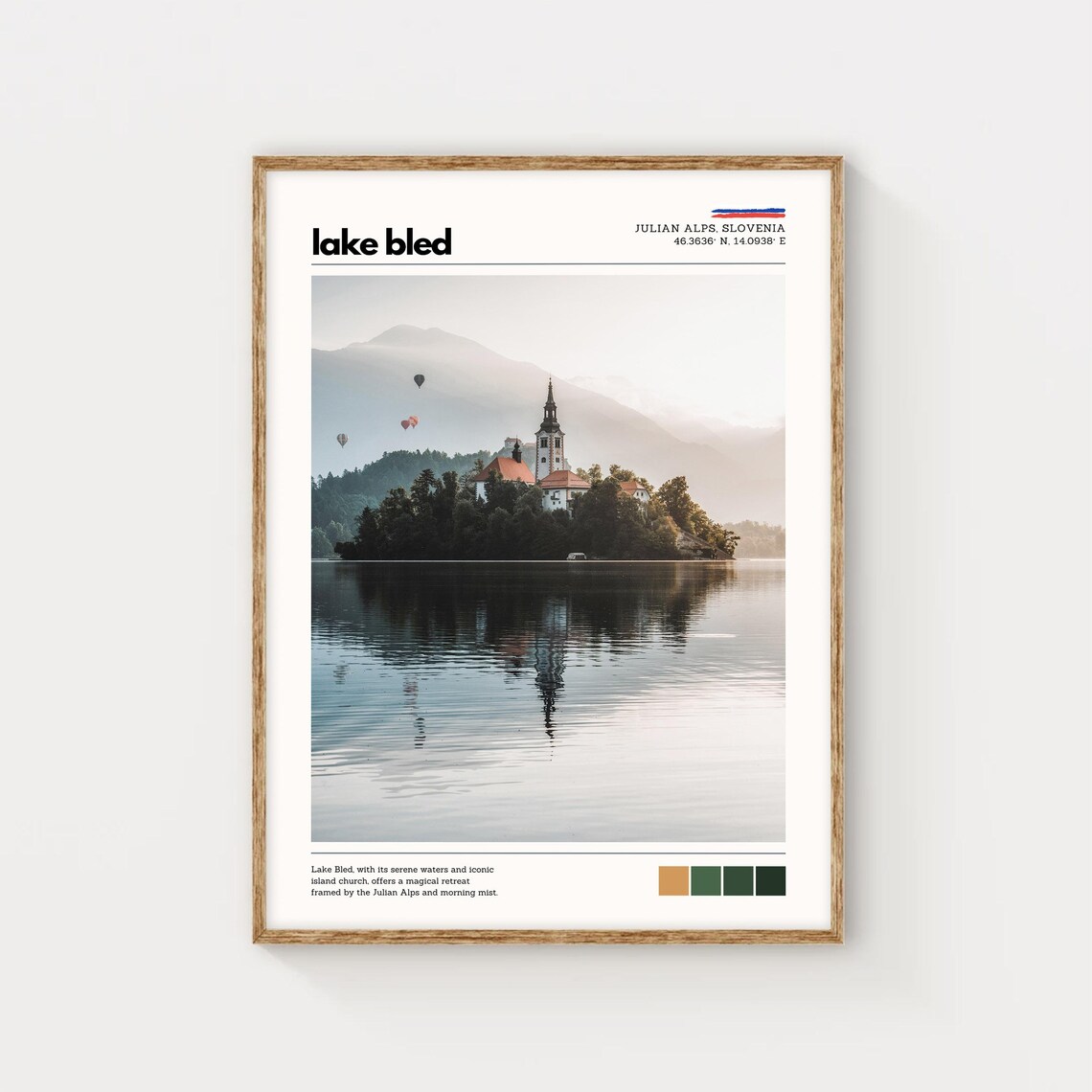 Lake Bled Slovenia Island Church Hot Air Balloons Morning Poster