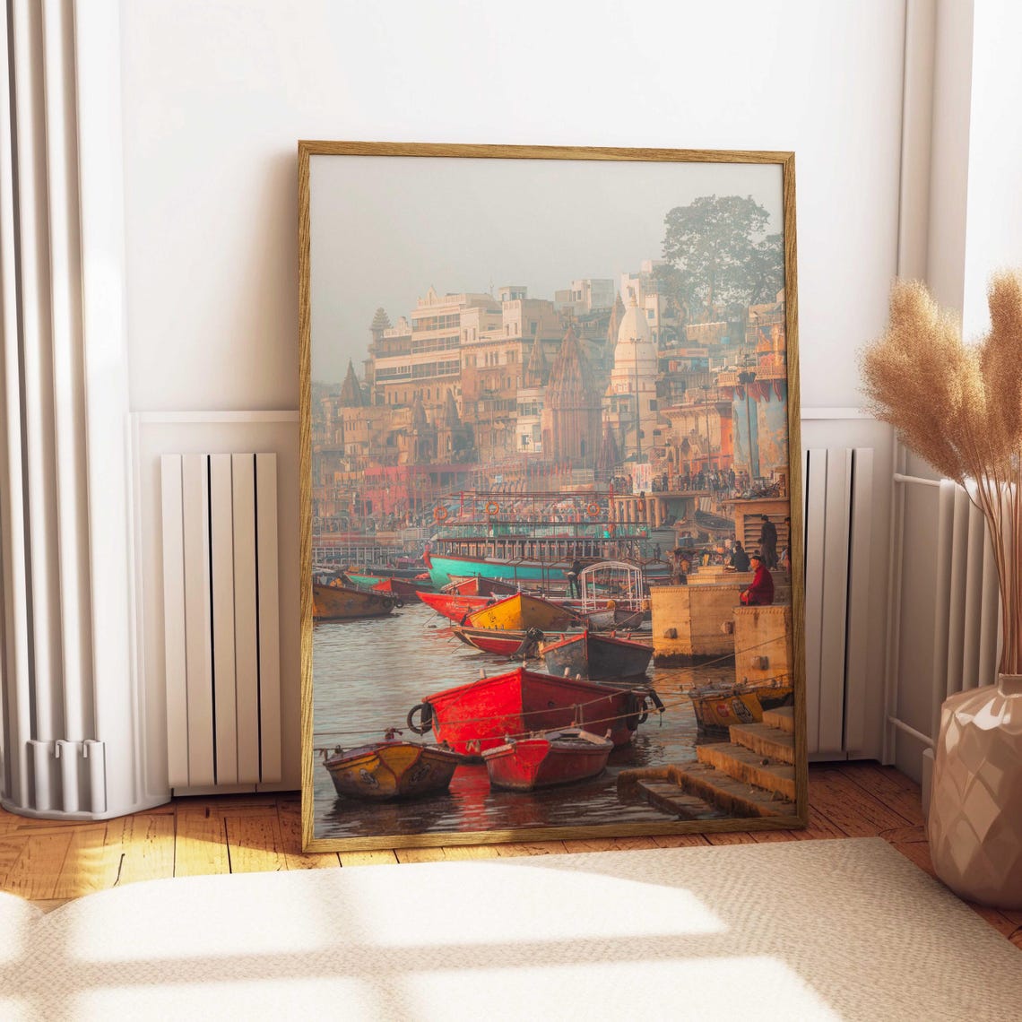 Colorful Boats and Temples on the Varanasi Riverfront Poster - Image 4