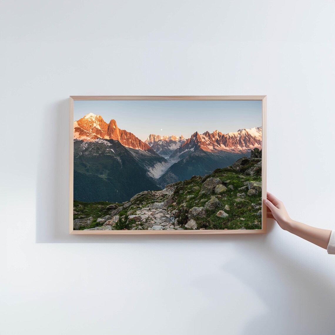 Alpenglow on Jagged Snowy Peaks with Rising Moon Photo Poster - Image 2