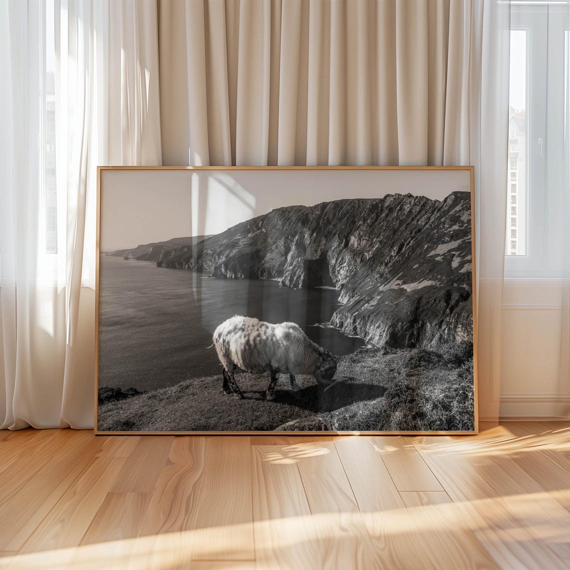 Sheep Grazing on Cliff Edge Above Sea Black White Photo Poster - Image 4