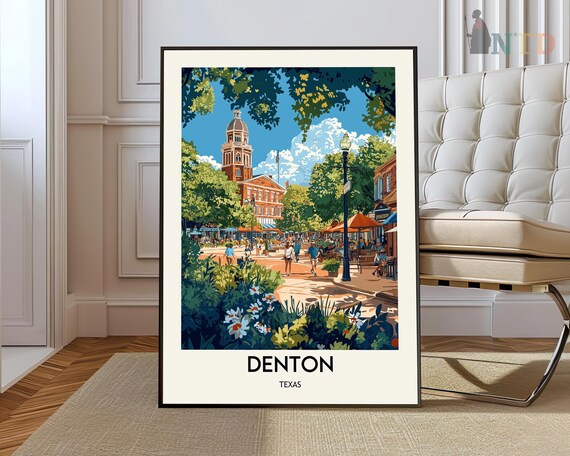 Denton Texas Historic Clock Tower Lively Town Square Travel Poster