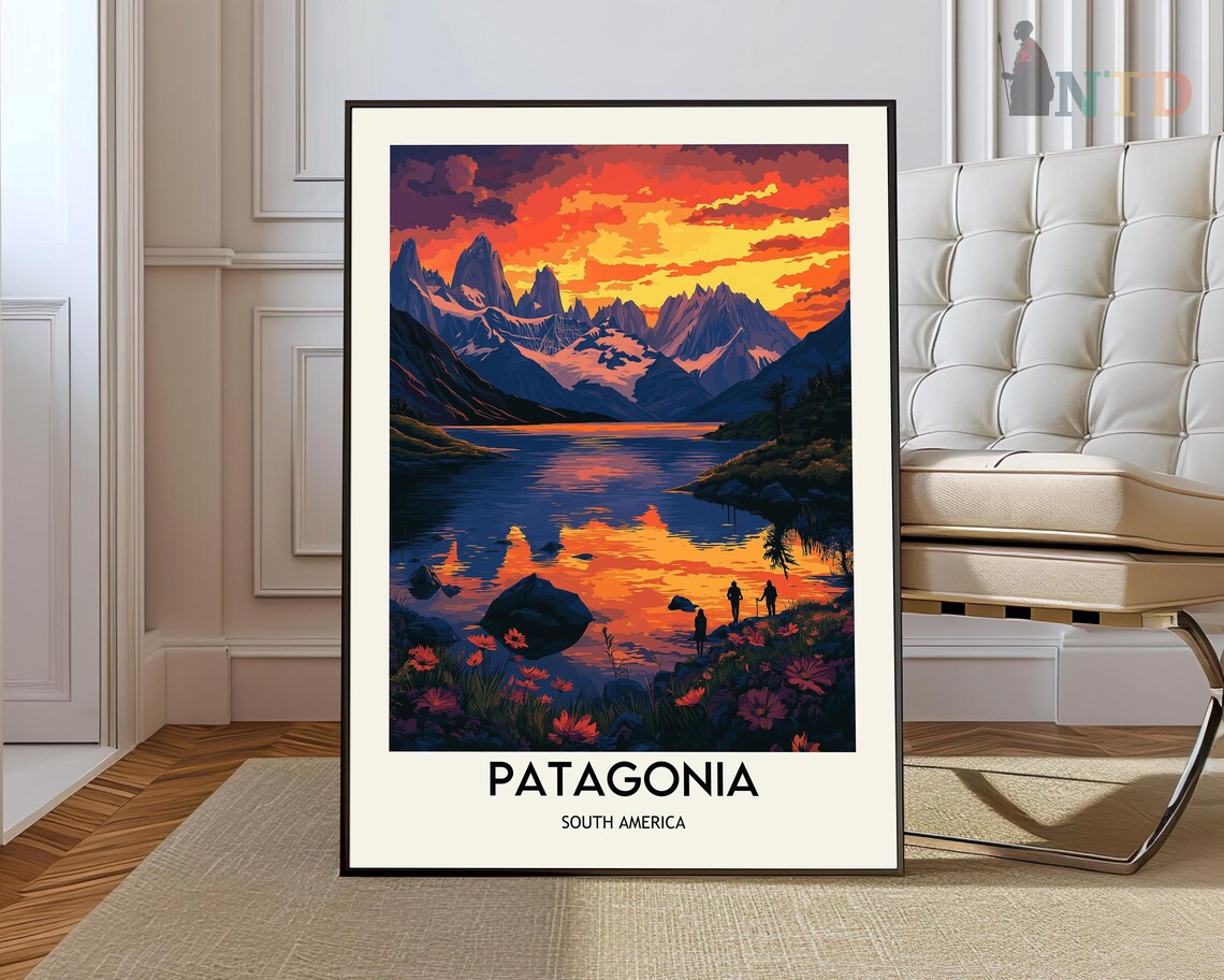 Patagonia South America Fiery Sunset over Mountain Lake Poster