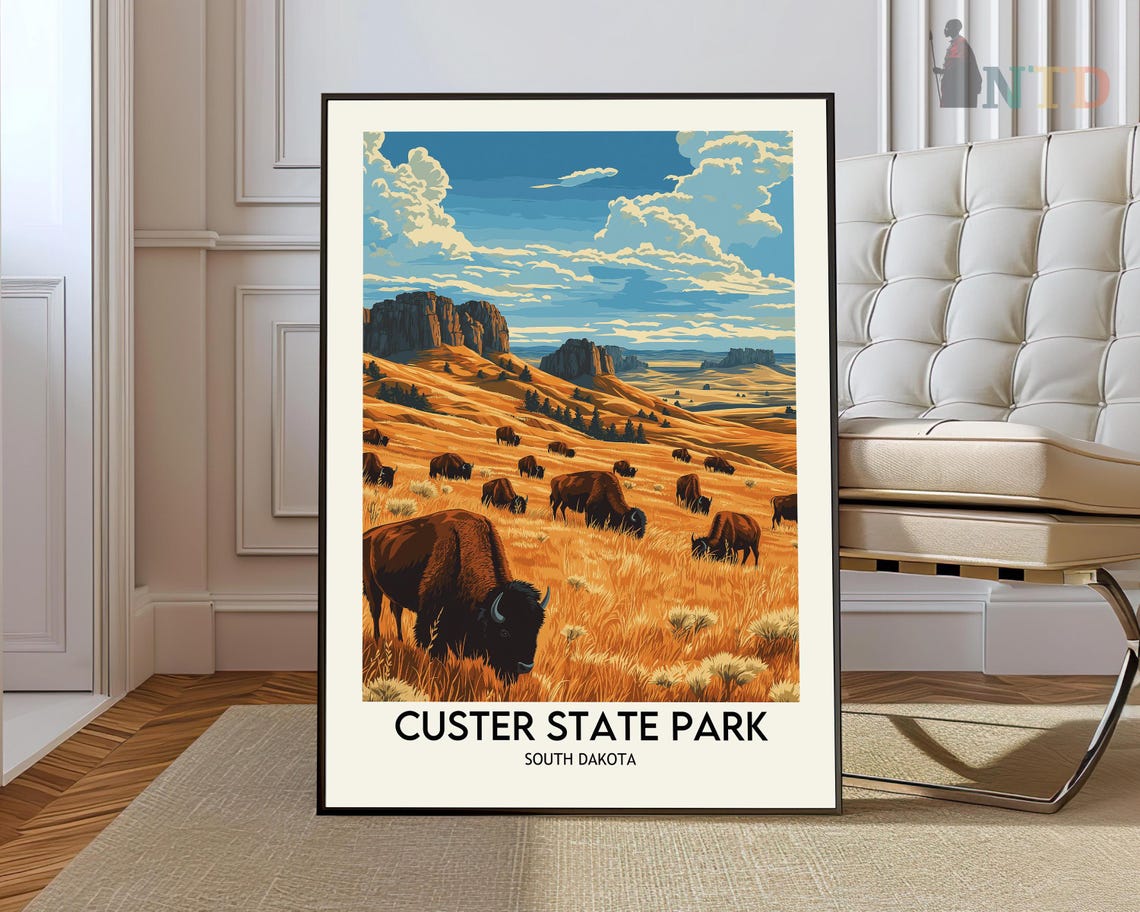Custer State Park Grazing Bison Golden Hills Vintage Travel Poster