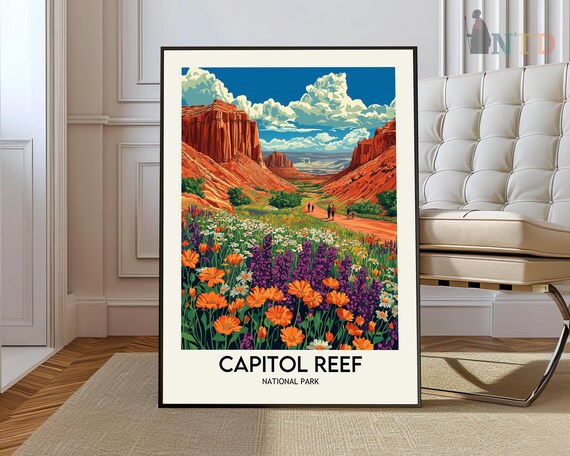 Capitol Reef National Park Wildflower Canyon Desert Sunset Travel Poster