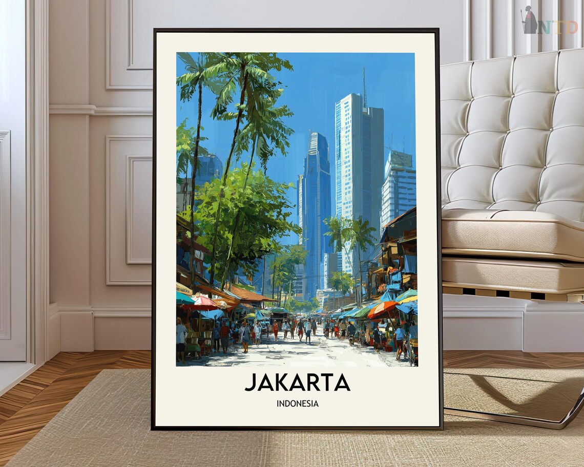 Jakarta Indonesia Market Street Umbrellas Skyline Travel Poster