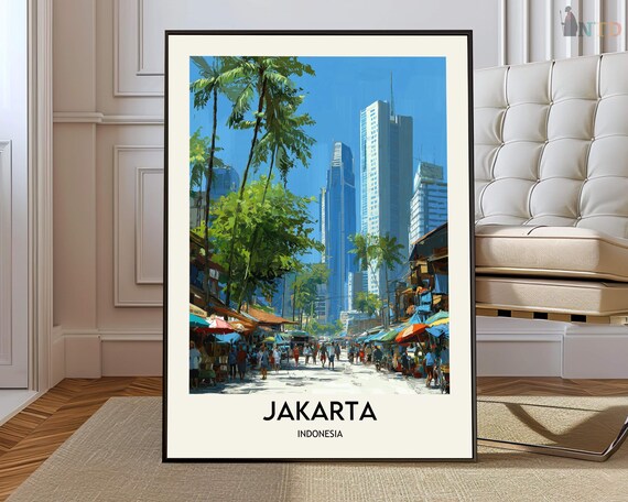 Jakarta Indonesia Market Street Umbrellas Skyline Travel Poster