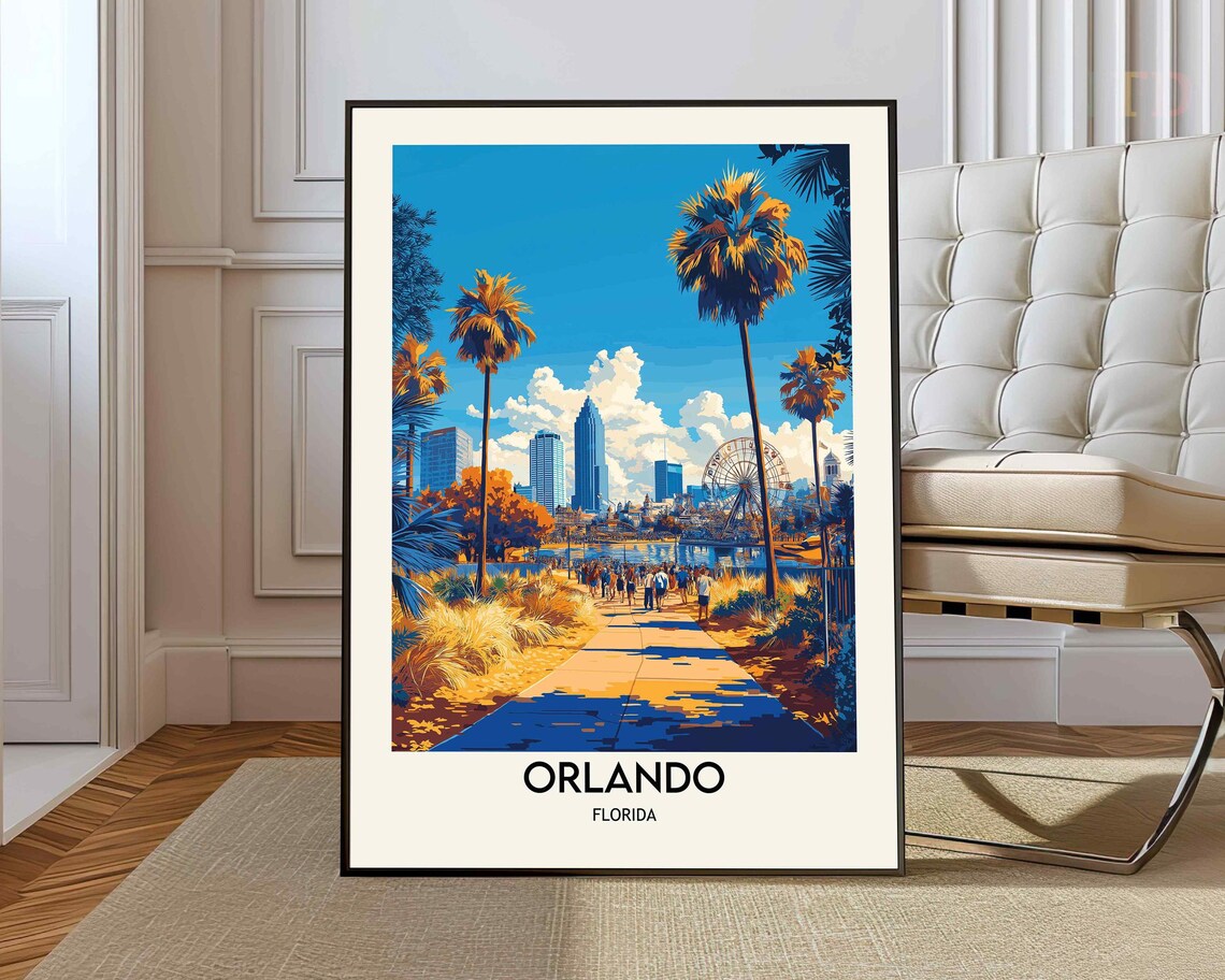 Orlando Florida Palm Lined Promenade Downtown Skyline Travel Poster