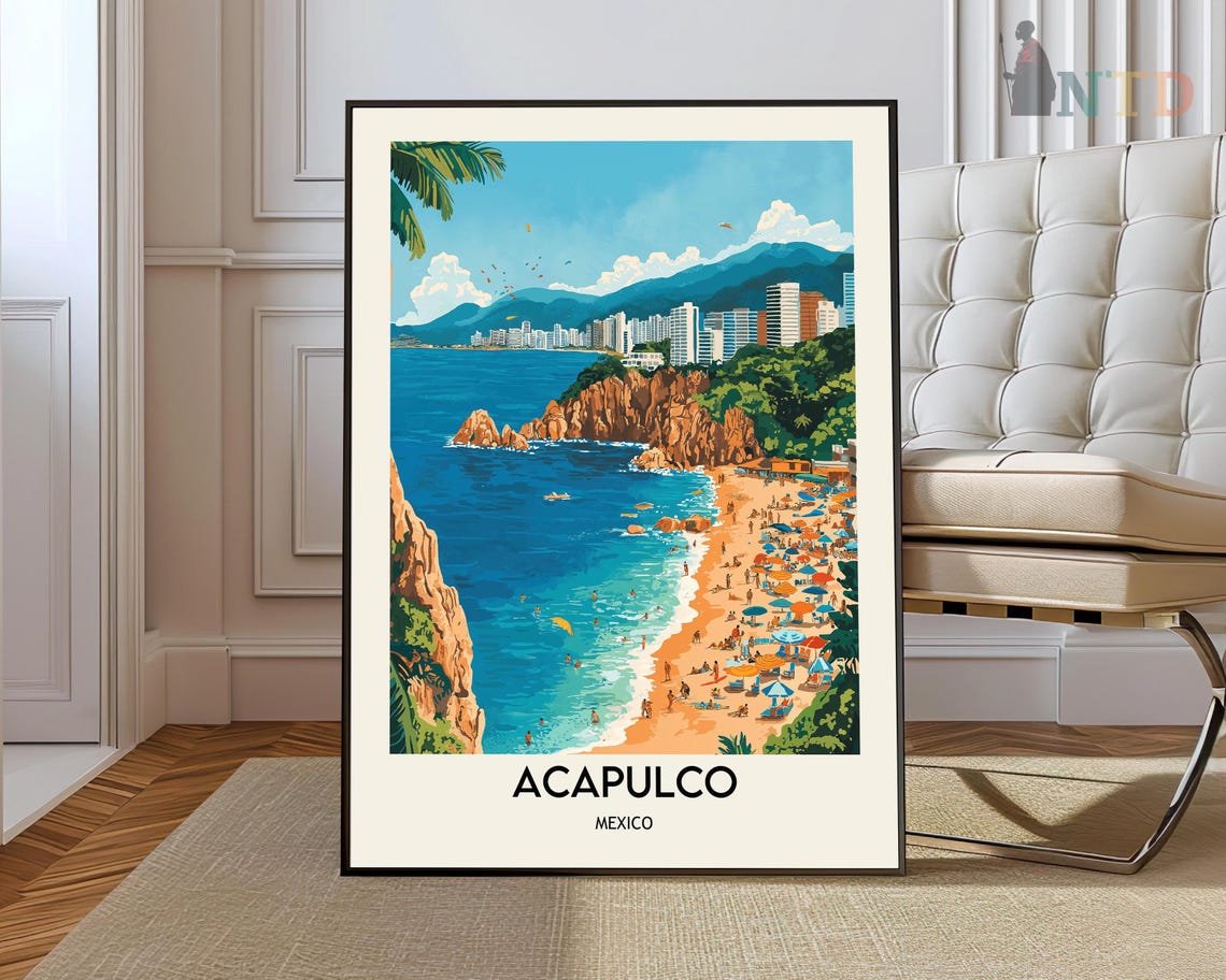 Acapulco Mexico Beach Bay Skyline Sunset Vintage Travel Poster