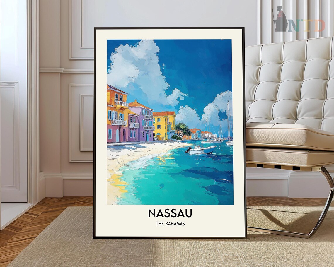 Nassau Bahamas Waterfront Pastel Buildings Turquoise Bay Travel Poster