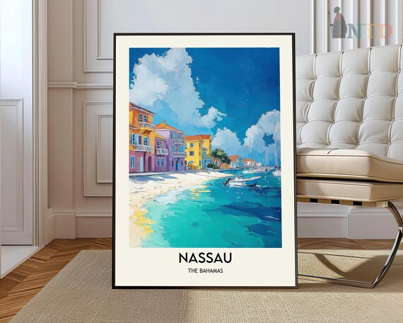 Nassau Bahamas Waterfront Pastel Buildings Turquoise Bay Travel Poster