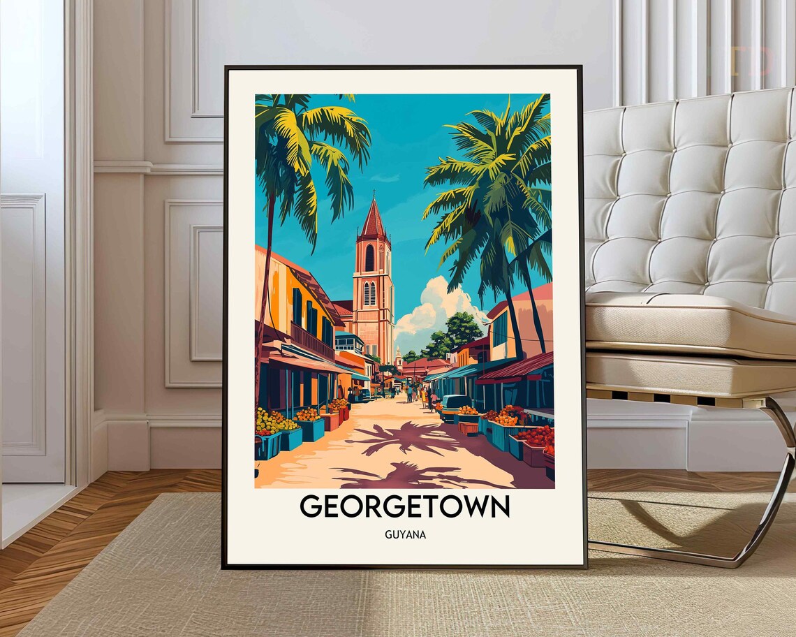 Georgetown Guyana Sunny Market Street Palms Church Travel Poster