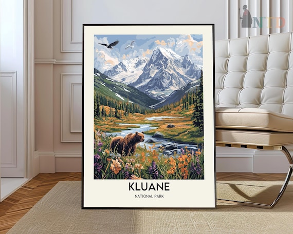 Kluane National Park Grizzly Bear Wildflowers Mountain Lake Vintage Poster
