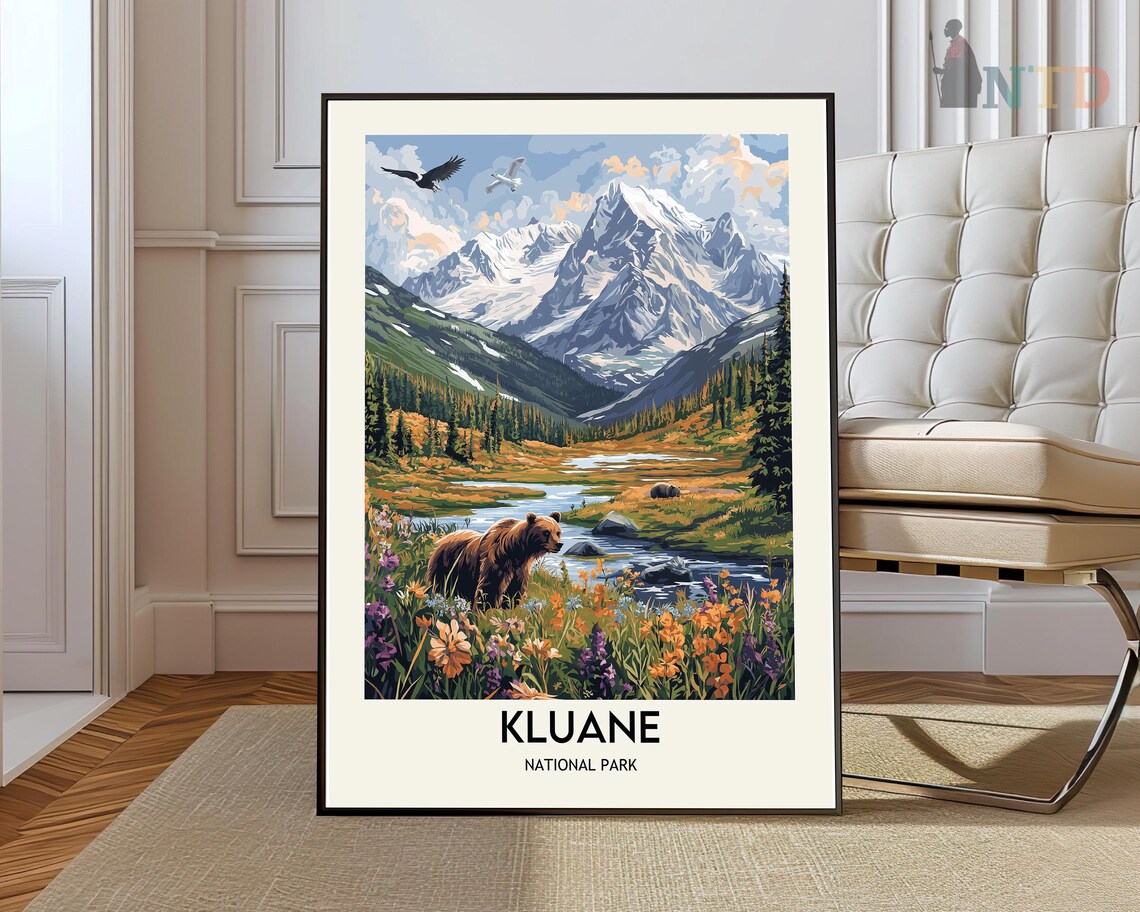 Kluane National Park Grizzly Bear Wildflowers Mountain Lake Vintage Poster