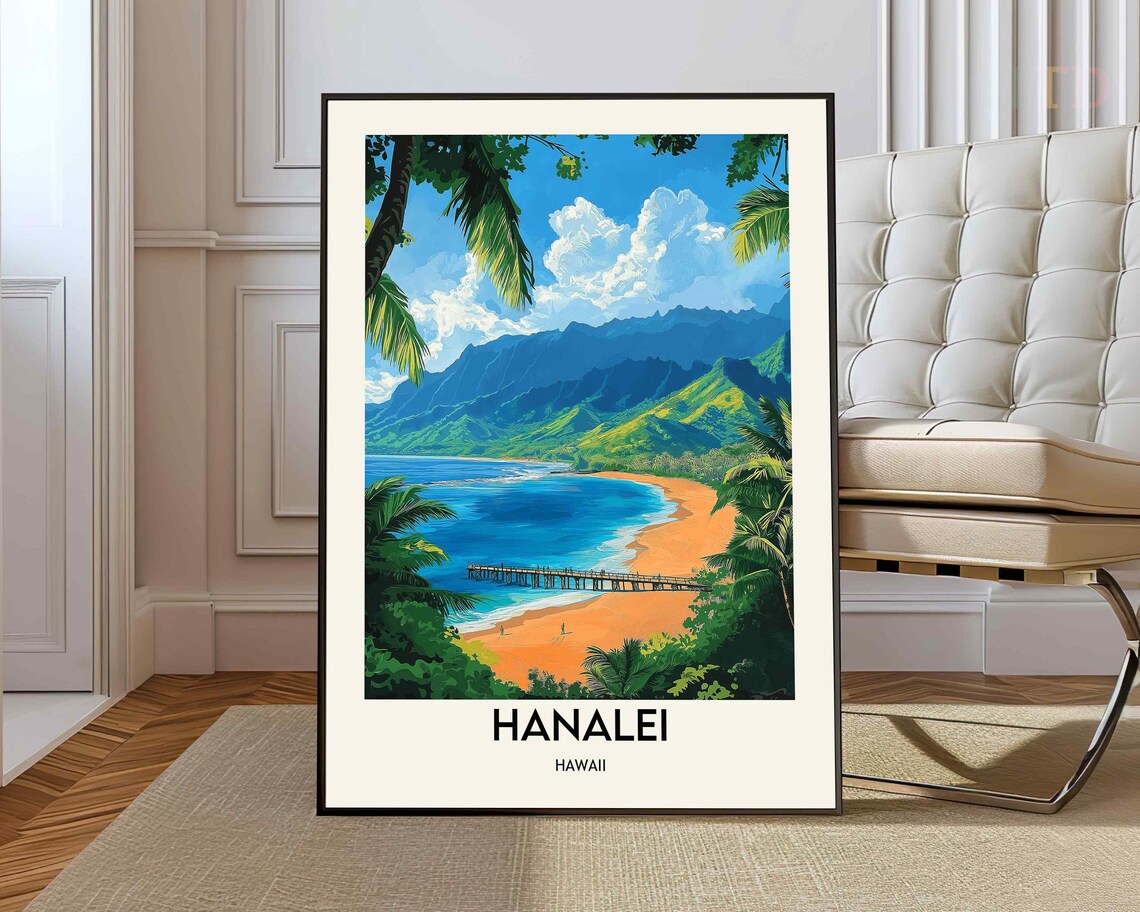 Hanalei Hawaii Beach Kayakers Mountain Coastal Travel Poster
