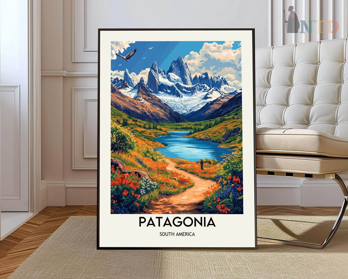 Patagonia South America Vintage Travel Poster with Mountain Peaks