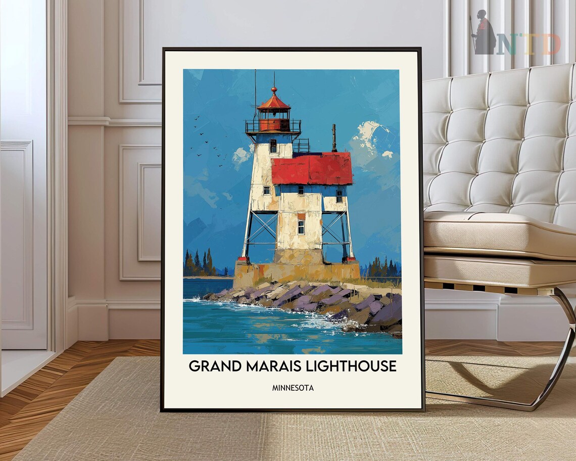 Grand Marais Lighthouse Lake Superior Minnesota Vintage Travel Poster