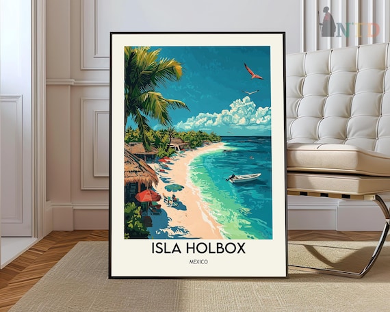 Isla Holbox Mexico Vintage Travel Art Tropical Beach Palms Boat Scene Poster