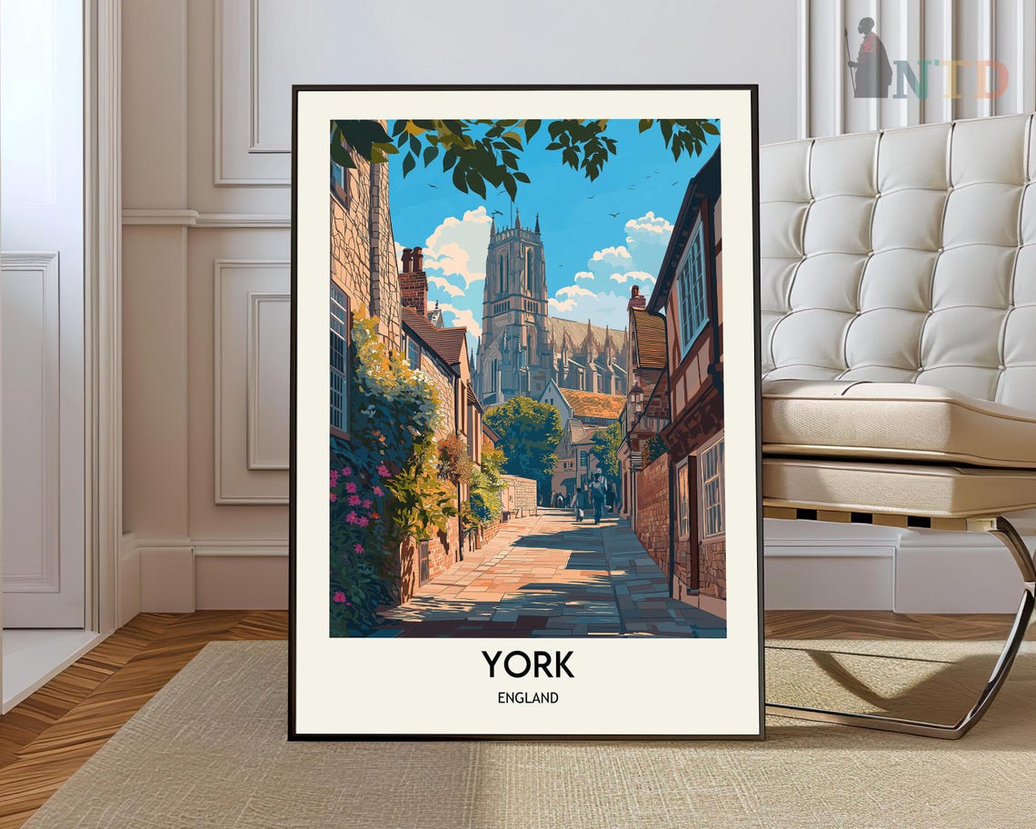 York England Minster Cobblestone Street Vintage Style Travel Poster