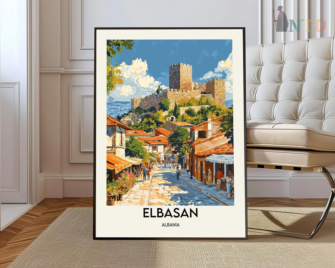 Elbasan Albania Historic Castle Old Town Vintage Travel Poster