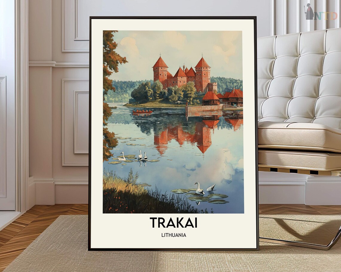 Trakai Lithuania Castle Reflection with Swans Lake Travel Poster