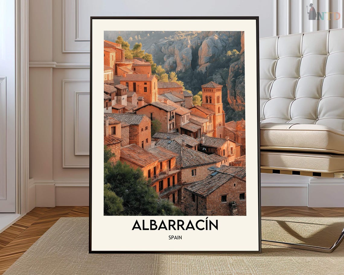 Albarracin Spain Terracotta Village Dramatic Cliff Travel Poster