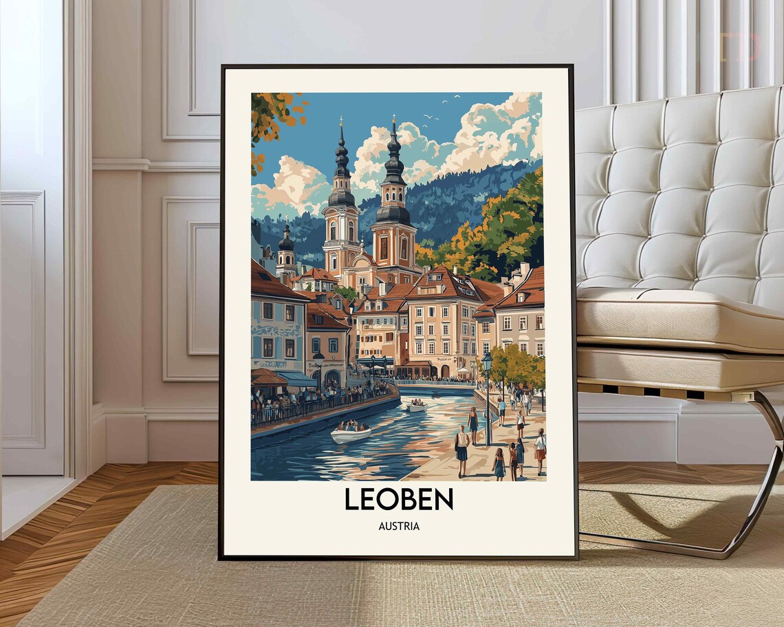 Leoben Austria Twin Church Towers River Old Town Travel Poster