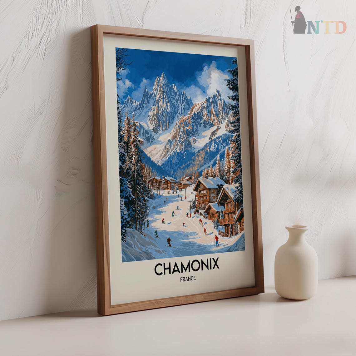 Chamonix France Busy Daytime Ski Slopes Chalets Blue Sky Poster - Image 3
