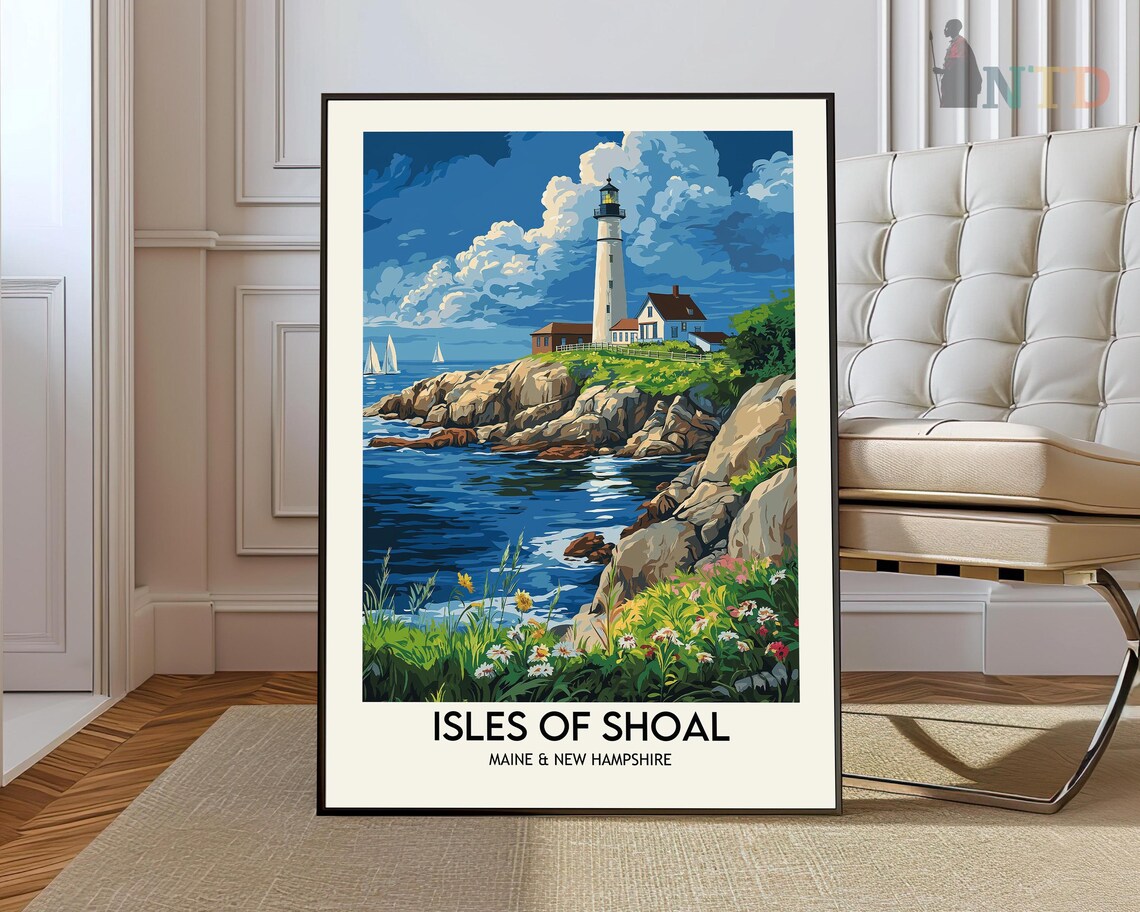 Isles of Shoal Travel Poster with Lighthouse and Sailboats Coast View