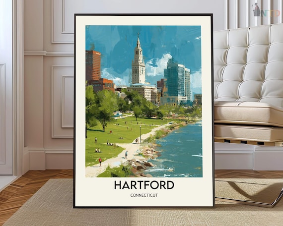Hartford Connecticut Riverfront Park Skyline Vintage Travel Poster